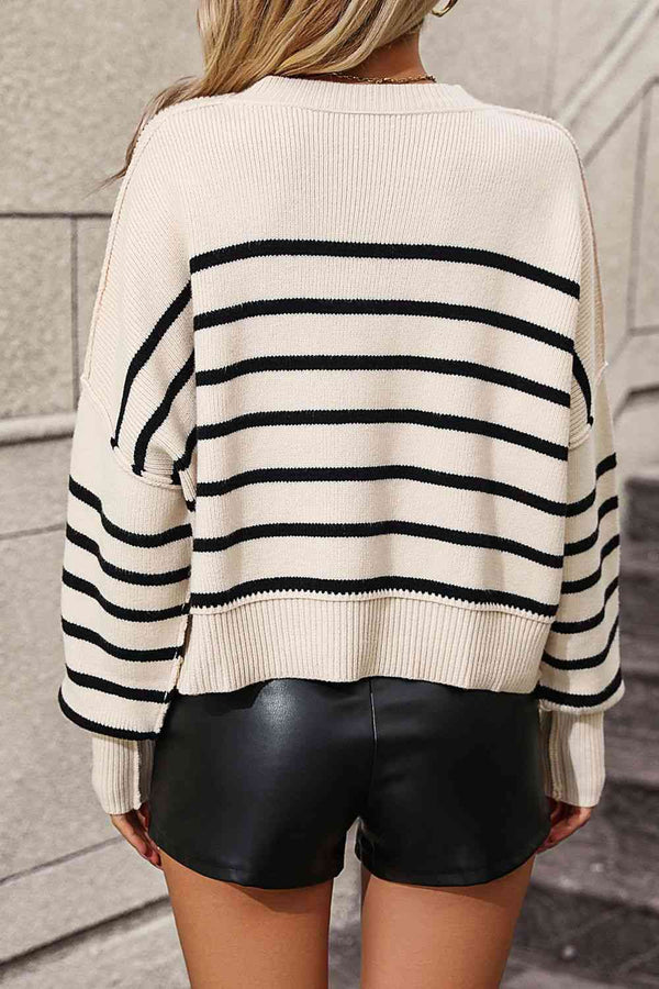 Striped Dropped Shoulder Round Neck Pullover Sweater Bazaarbey