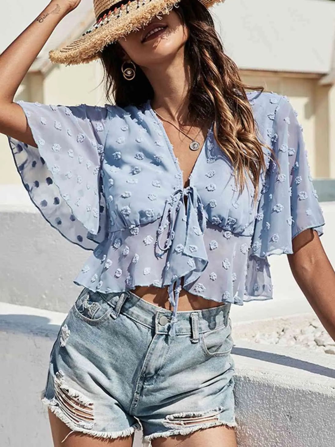  Tied Flutter Sleeve Cropped Blouse Bazaarbey