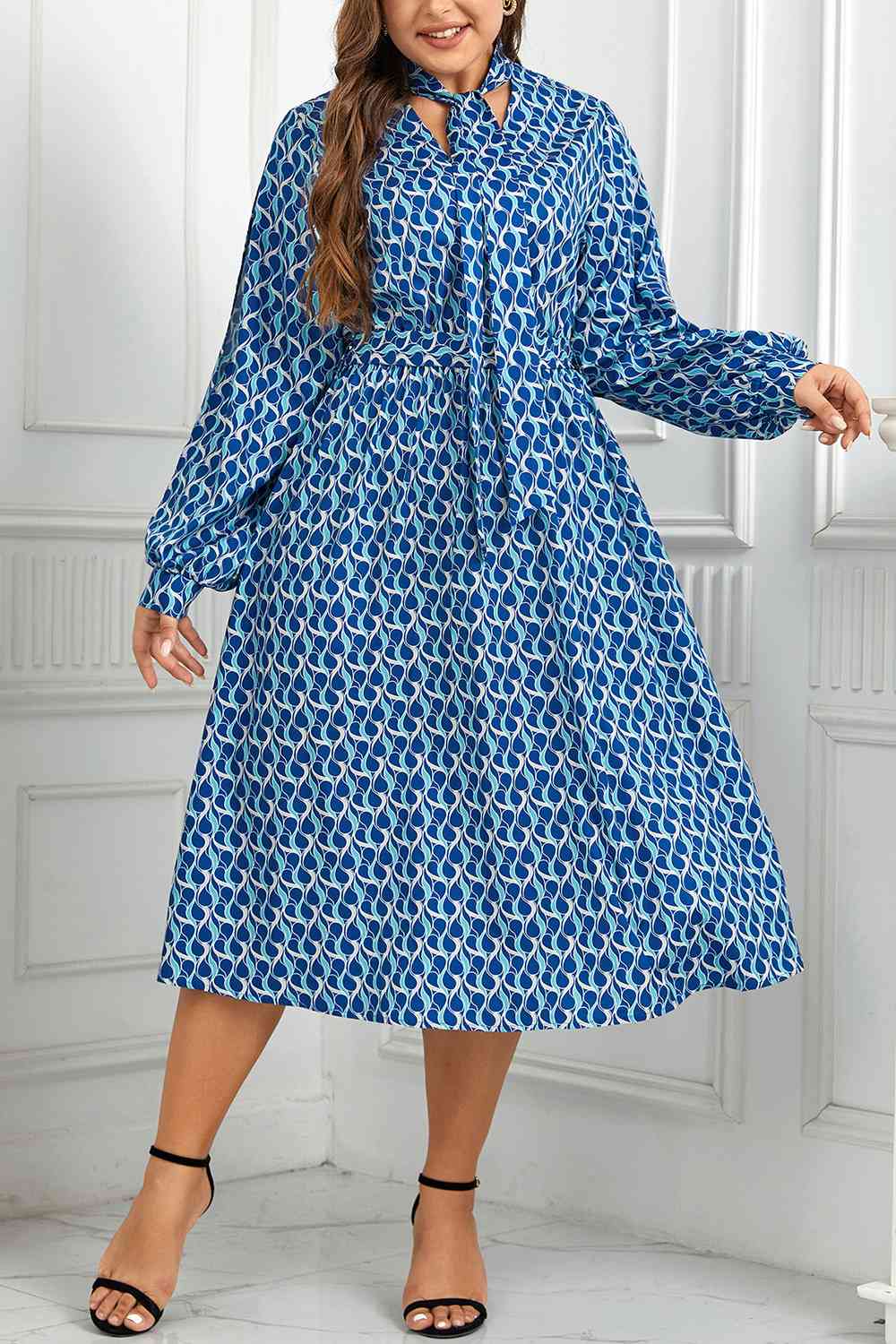 Plus Size Printed Tie Neck Midi Dress -BazaarBey - www.shopbazaarbey.com