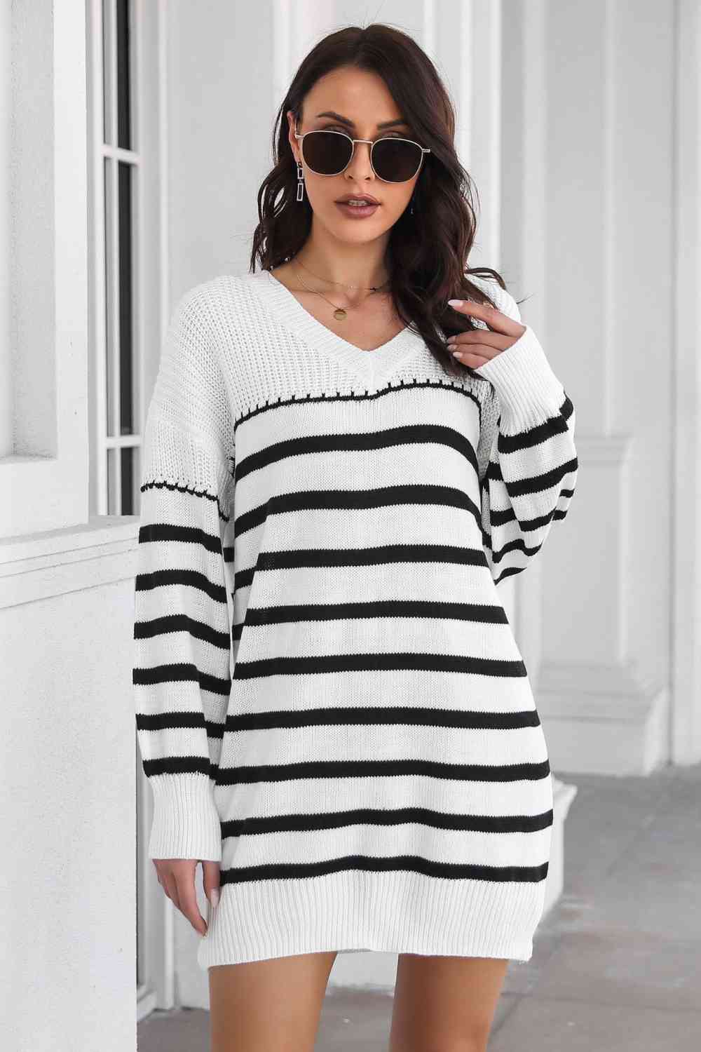 Striped V-Neck Drop Shulder Sweater Dress Bazaarbey