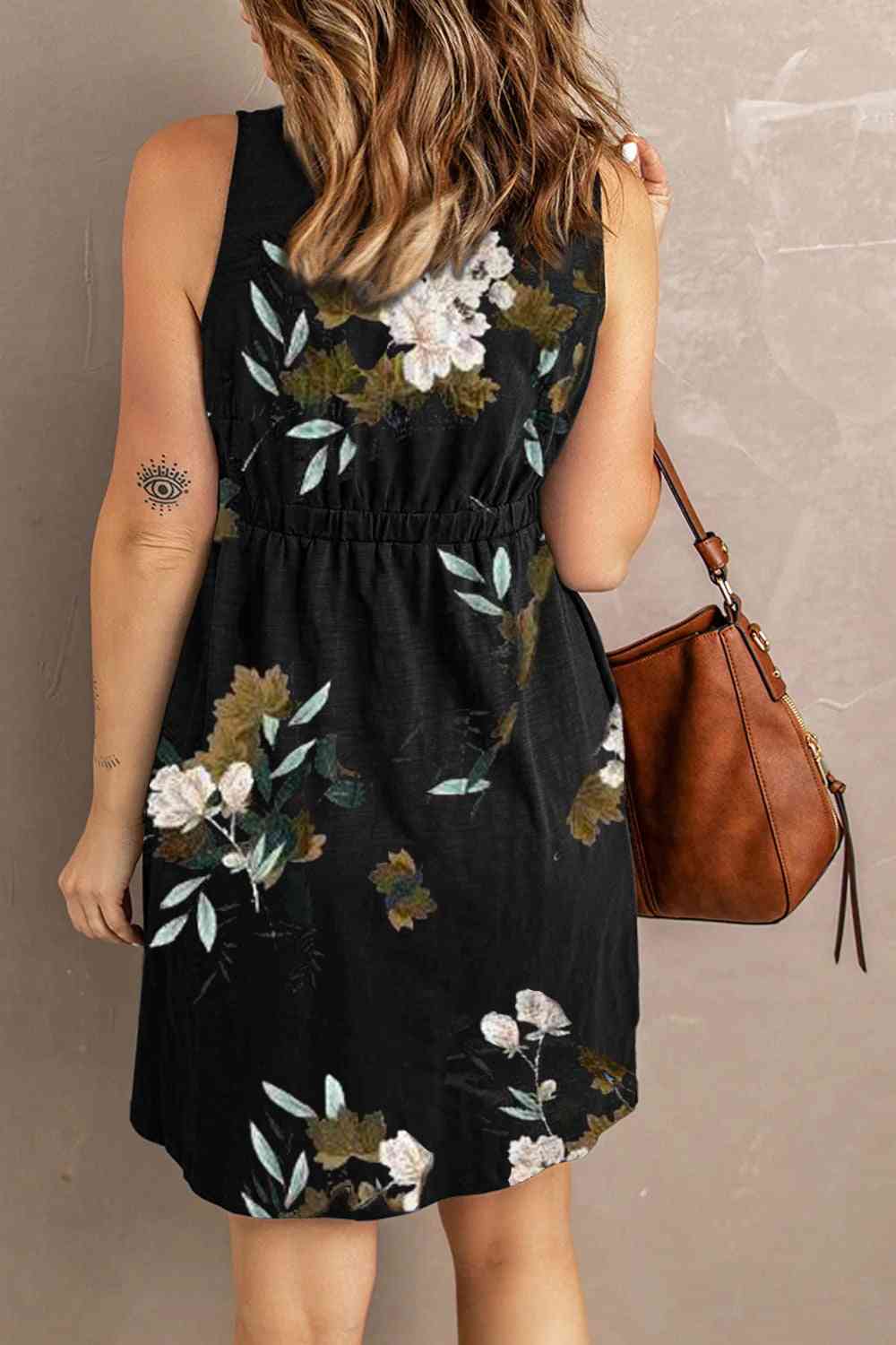  Printed Scoop Neck Sleeveless Buttoned Magic Dress with Pockets Bazaarbey