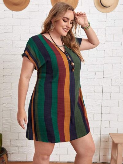 Plus Size Striped Short Sleeve Mini Dress -BazaarBey - www.shopbazaarbey.com