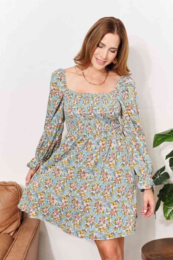  Floral Smocked Flounce Sleeve Square Neck Dress -BazaarBey - www.shopbazaarbey.com