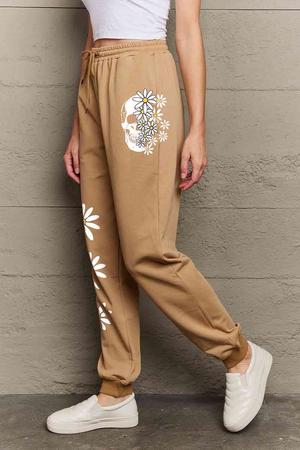    Drawstring Flower & Skull Graphic Long Sweatpants Bazaarbey