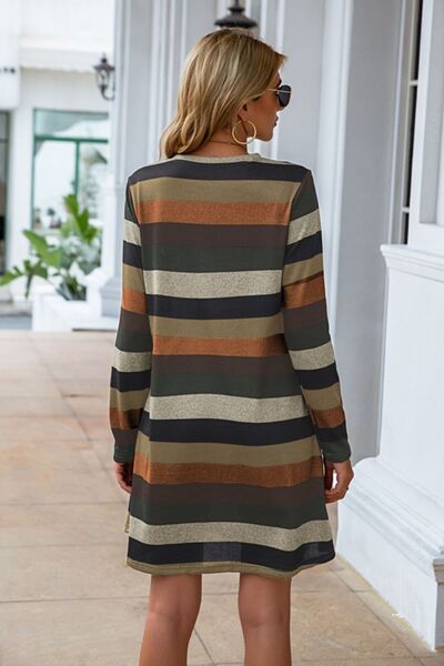 Striped Round Neck Long Sleeve Dress Bazaarbey