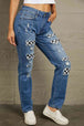  Checkered Patchwork Mid Waist Distressed Jeans Bazaarbey