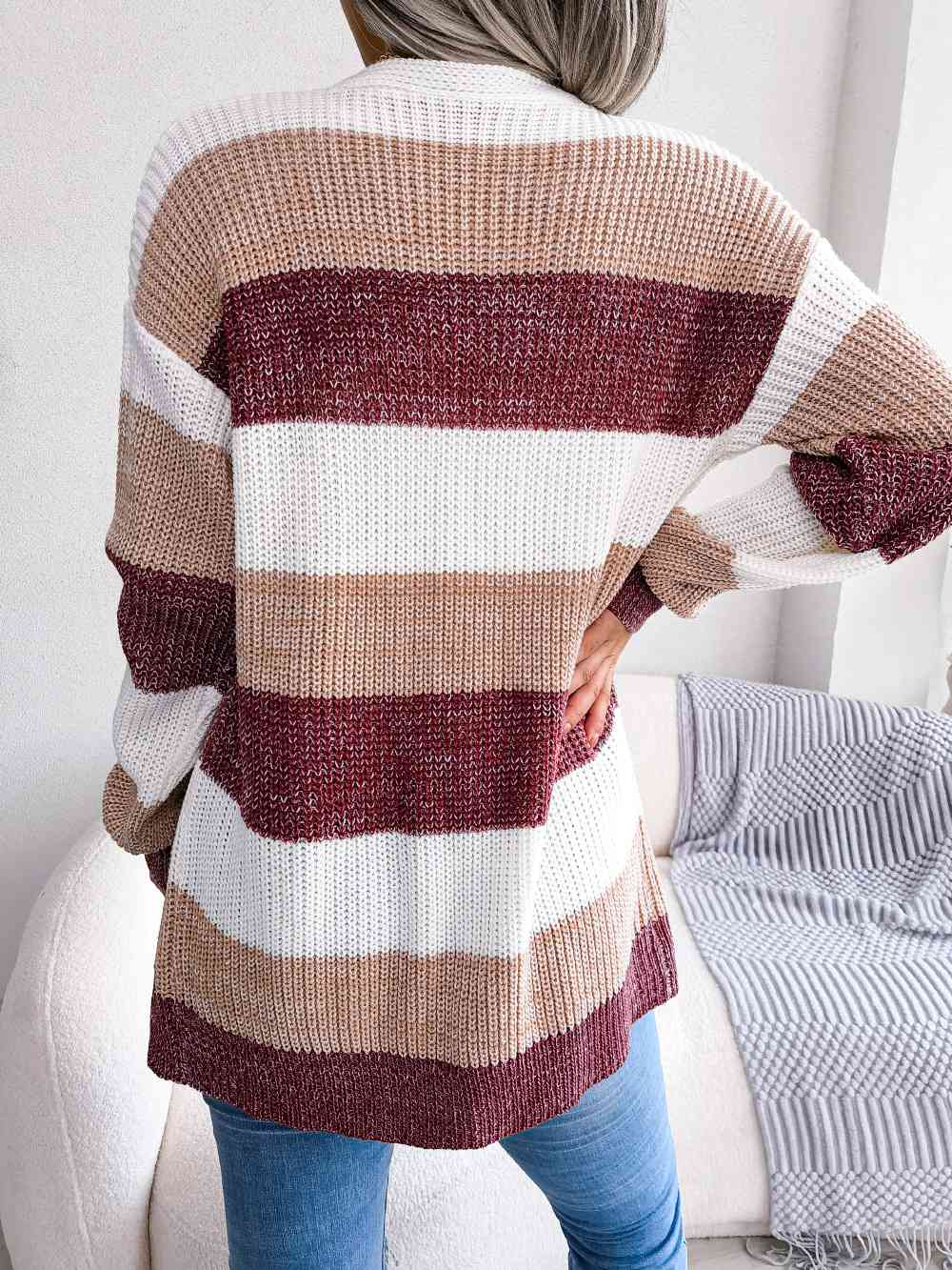 Striped Rib-Knit   Cardigan Trendsi