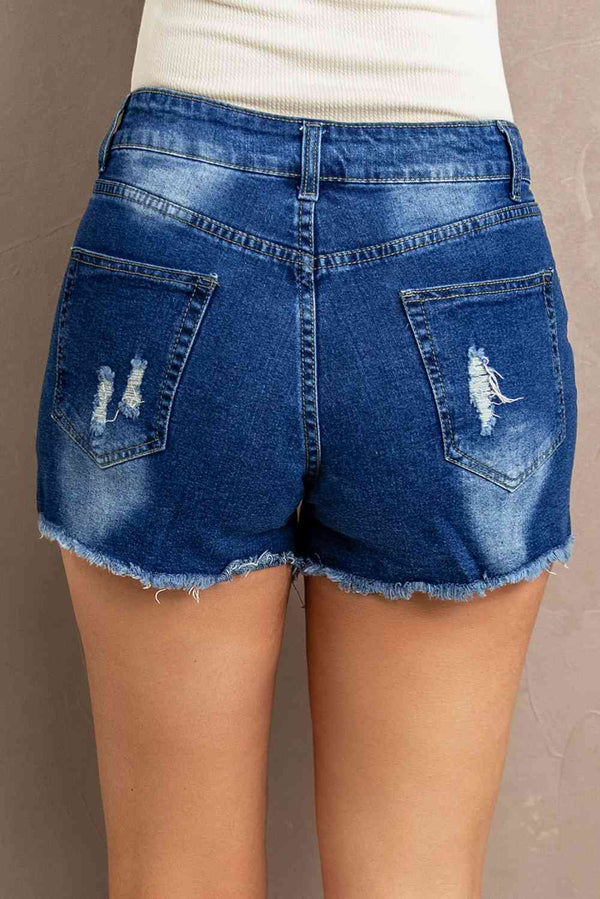 Spliced Lace Distressed Denim Shorts Bazaarbey