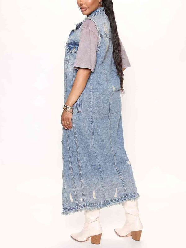 Long Sleeveless Denim Jacket Trendsi