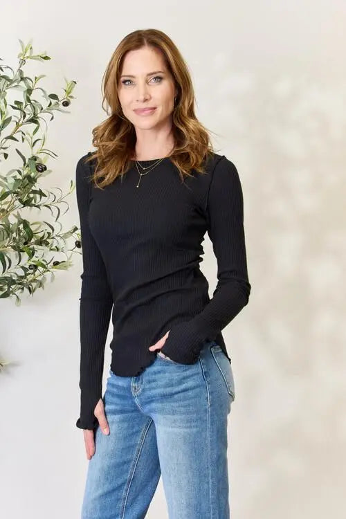  Full Size Ribbed Round Neck Long Sleeve Top Trendsi