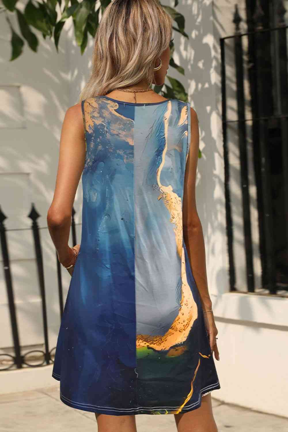 Abstract Print Round Neck Sleeveless Dress with Pockets -BazaarBey - www.shopbazaarbey.com