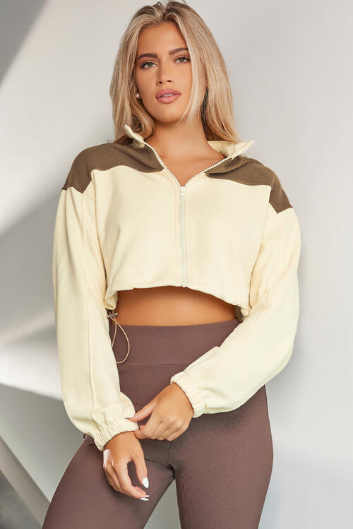 Contrast Drawstring Zip Up Jacket Trendsi