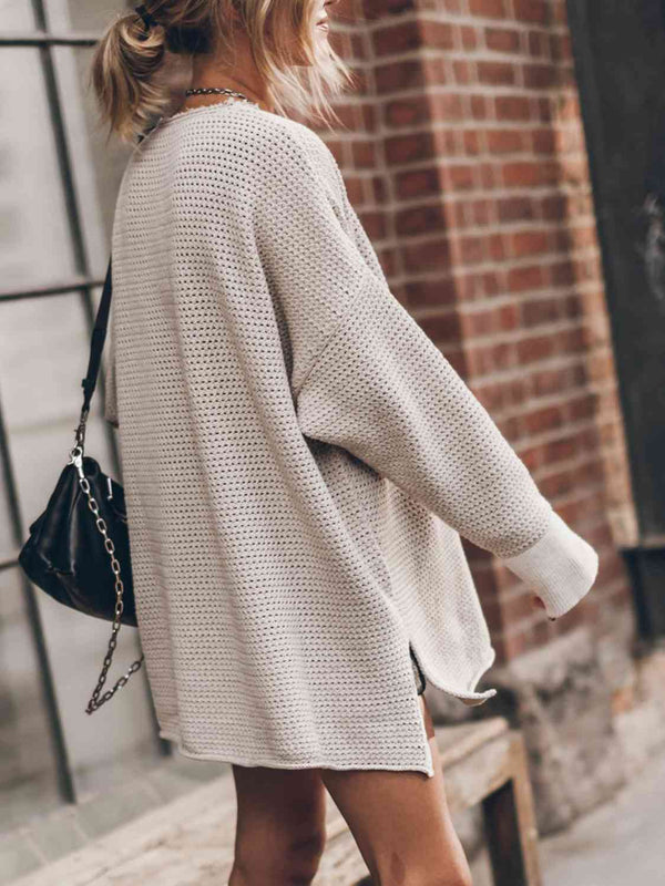 Openwork Round Neck Long Sleeve Slit Sweater Bazaarbey