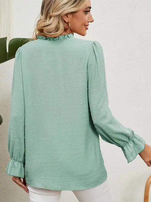 Button Up Flounce Sleeve V-Neck Shirt Bazaarbey