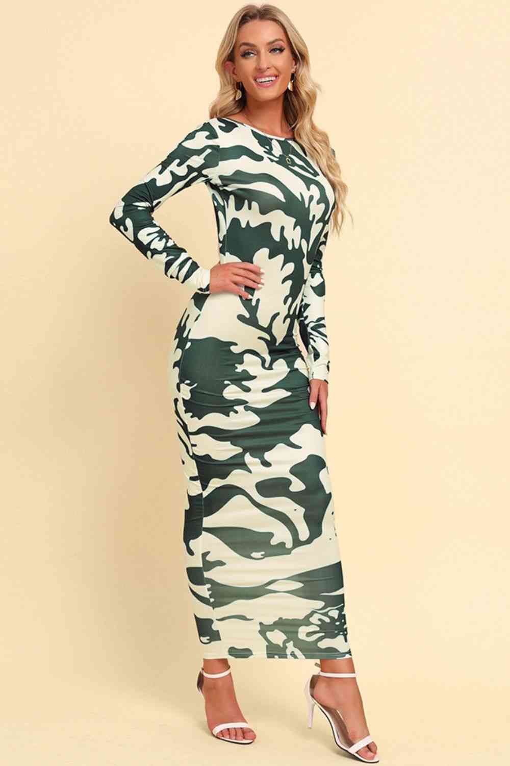 Printed Backless Long Sleeve Maxi Dress Bazaarbey