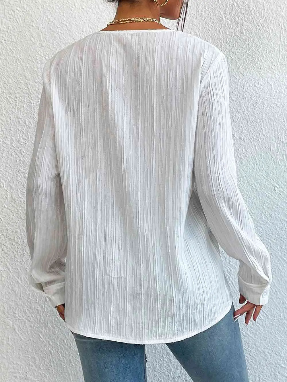 Lace Trim V-Neck Long Sleeve Shirt Bazaarbey