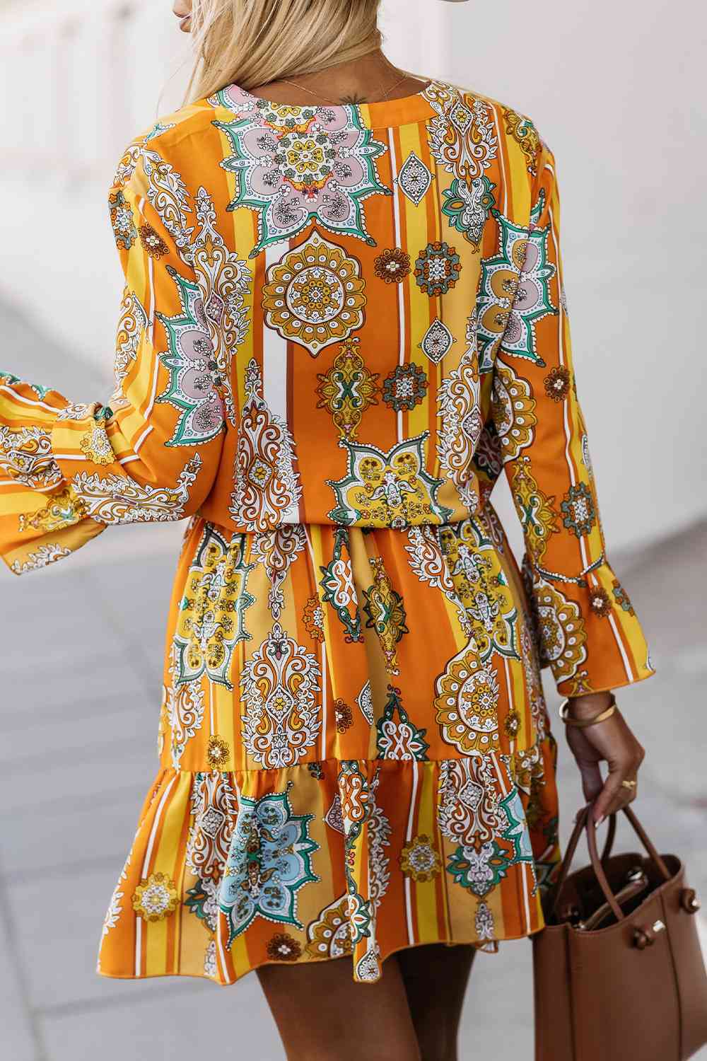 Printed Notched Neck Flounce Sleeve Dress -BazaarBey - www.shopbazaarbey.com