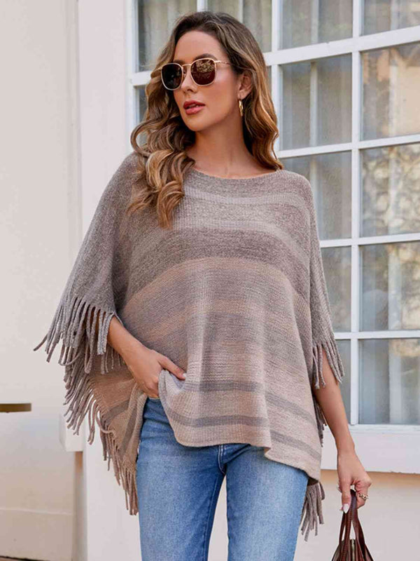 Striped Boat Neck Poncho with Fringes Bazaarbey