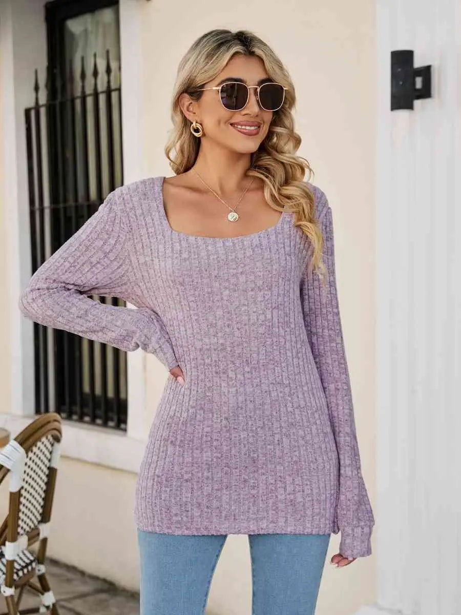 Square Neck Ribbed Long Sleeve T-Shirt Trendsi