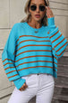 Striped Dropped Shoulder Round Neck Pullover Sweater Bazaarbey