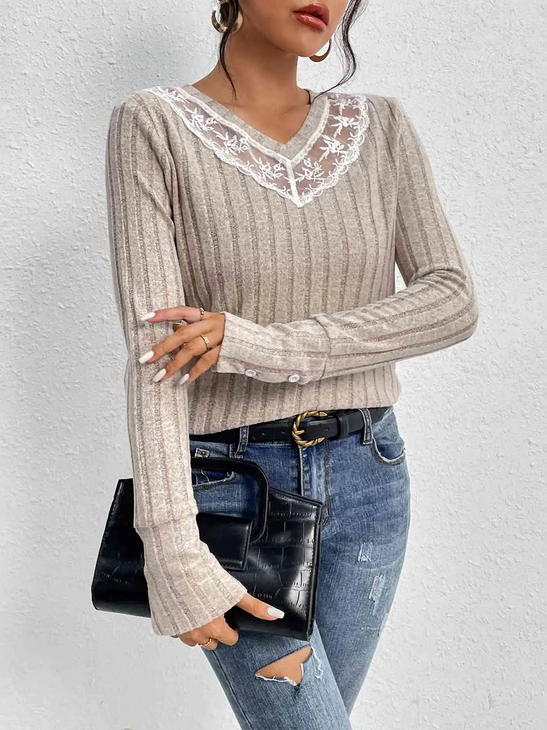  Detail Ribbed V-Neck Long Sleeve Top Bazaarbey