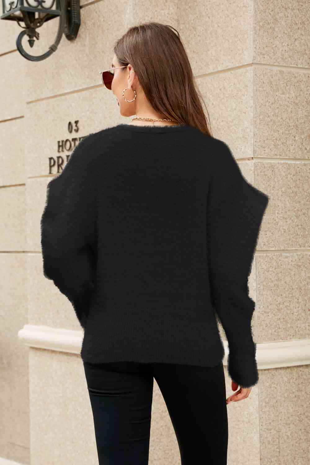  Puff Sleeve V-Neck Fuzzy Cardigan Trendsi