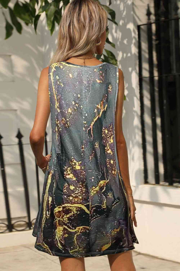 Abstract Print Round Neck Sleeveless Dress with Pockets -BazaarBey - www.shopbazaarbey.com