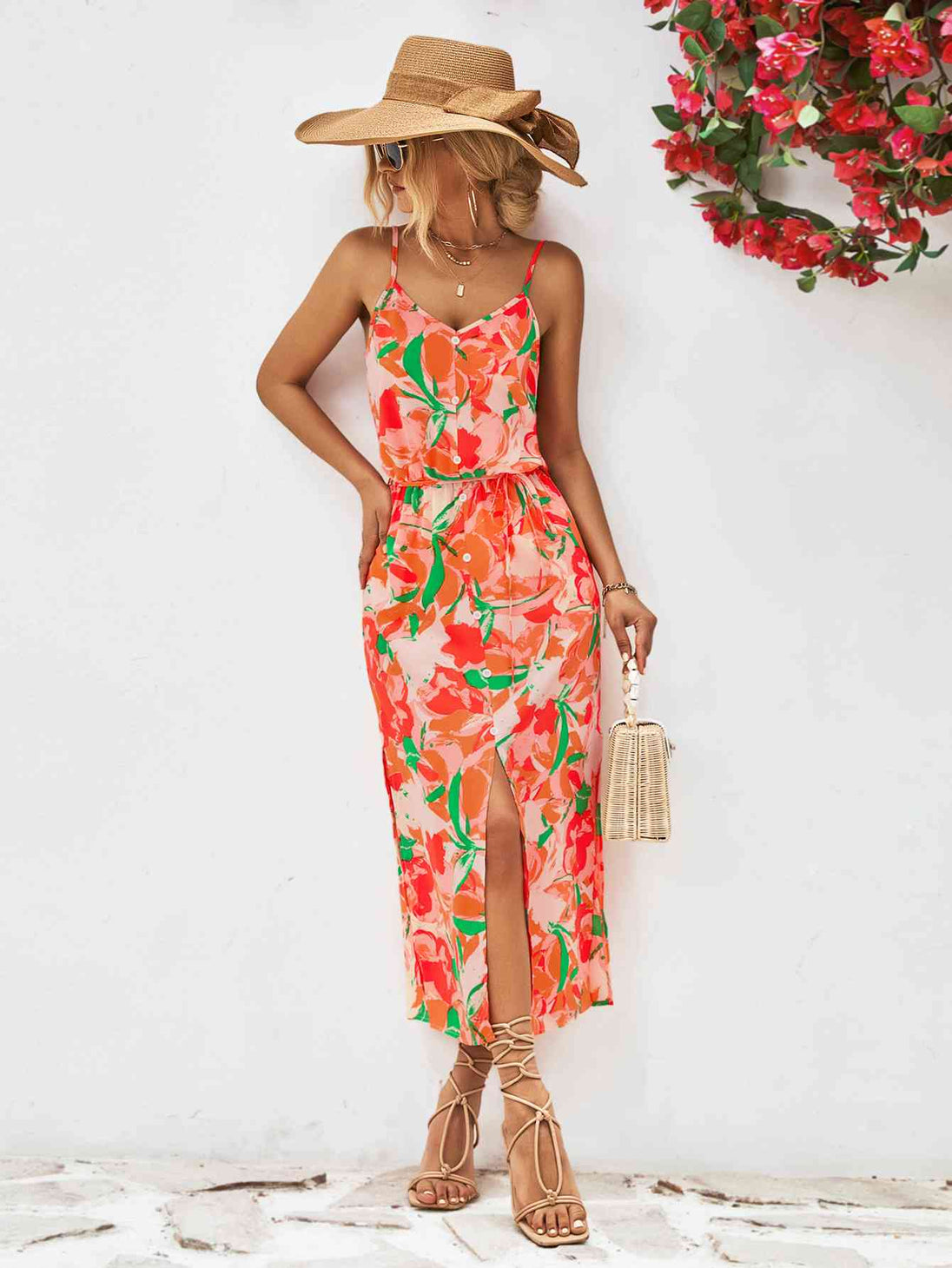 Printed Spaghetti Strap Front Slit Dress -BazaarBey - www.shopbazaarbey.com