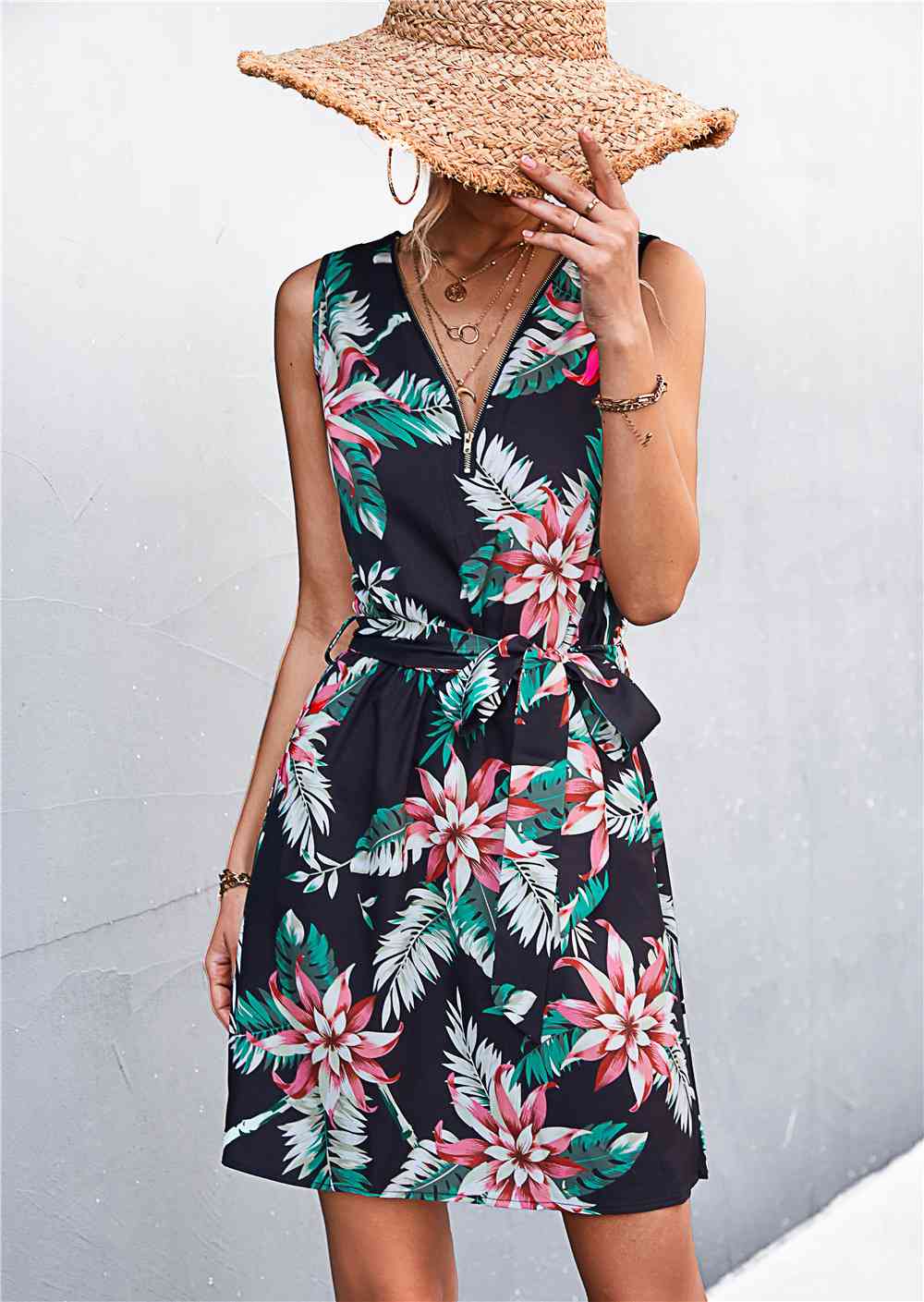 Printed Zip Detail Belted Sleeveless Dress -BazaarBey - www.shopbazaarbey.com