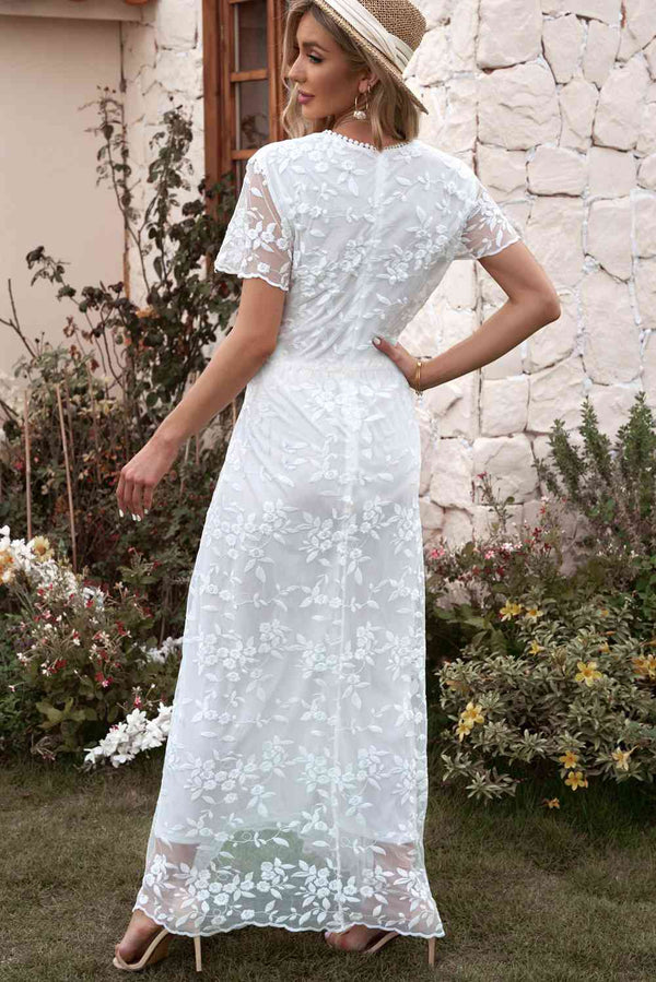 Embroidered Short Sleeve Surplice Neck Maxi Dress Bazaarbey