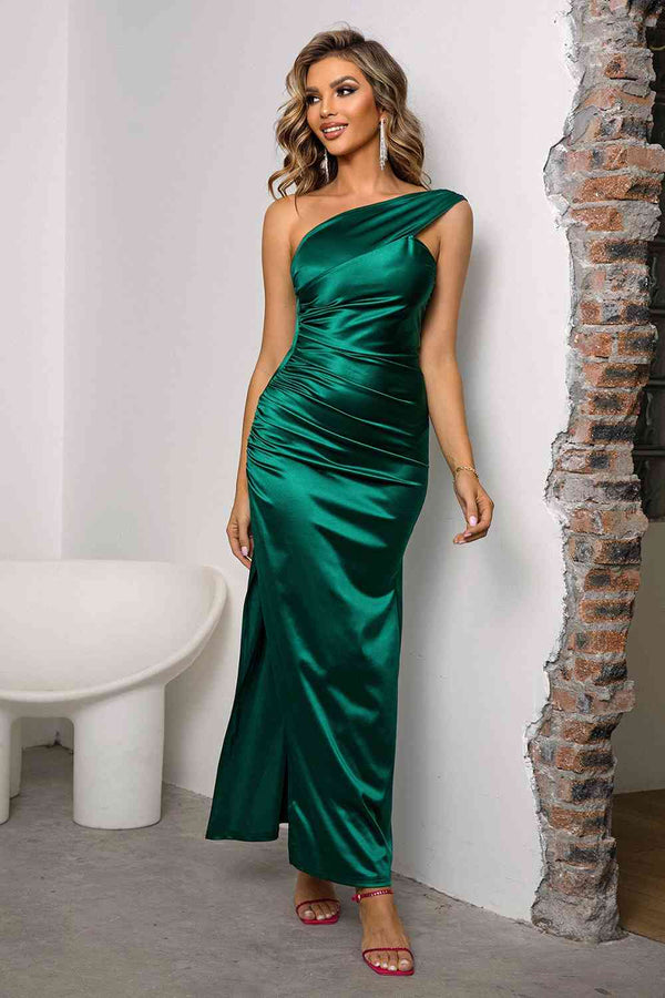 One-Shoulder Ruched Slit Maxi Dress Bazaarbey