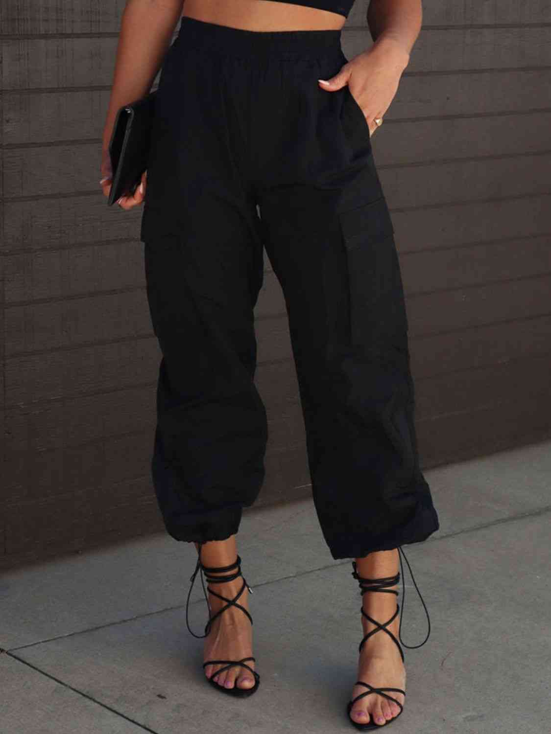 High Waist Drawstring Pants with Pockets Bazaarbey