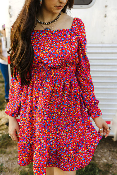 Printed Smocked Flounce Sleeve Dress -BazaarBey - www.shopbazaarbey.com