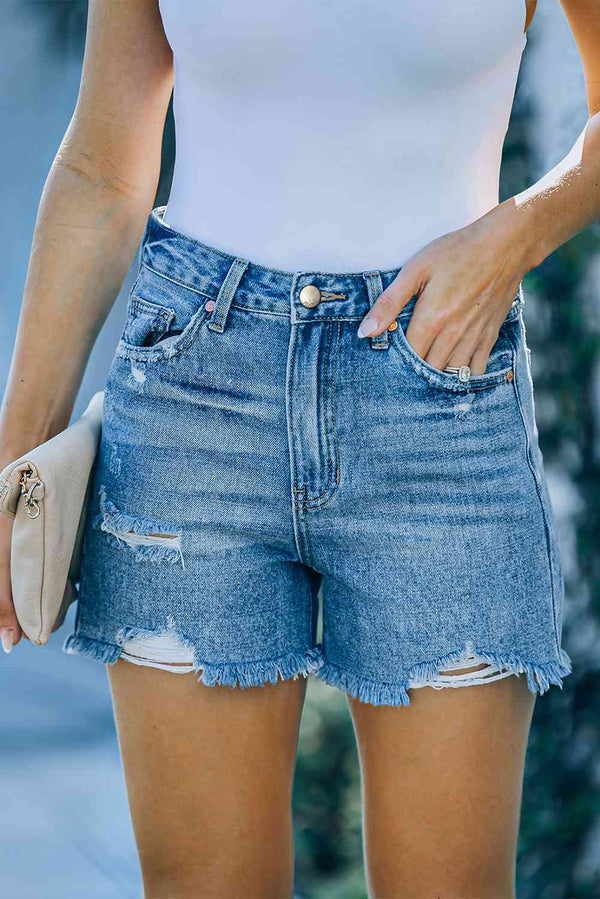 Distressed Raw Hem Denim Shorts with Pockets Bazaarbey