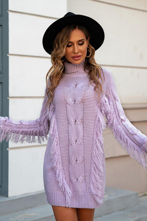 Turtleneck Fringe Detail Sweater Dress Bazaarbey