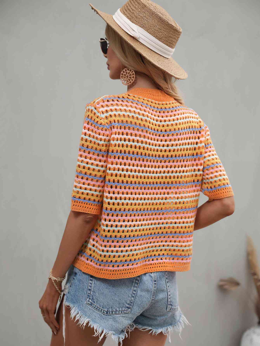 Striped  Half Sleeve Knit Top Trendsi