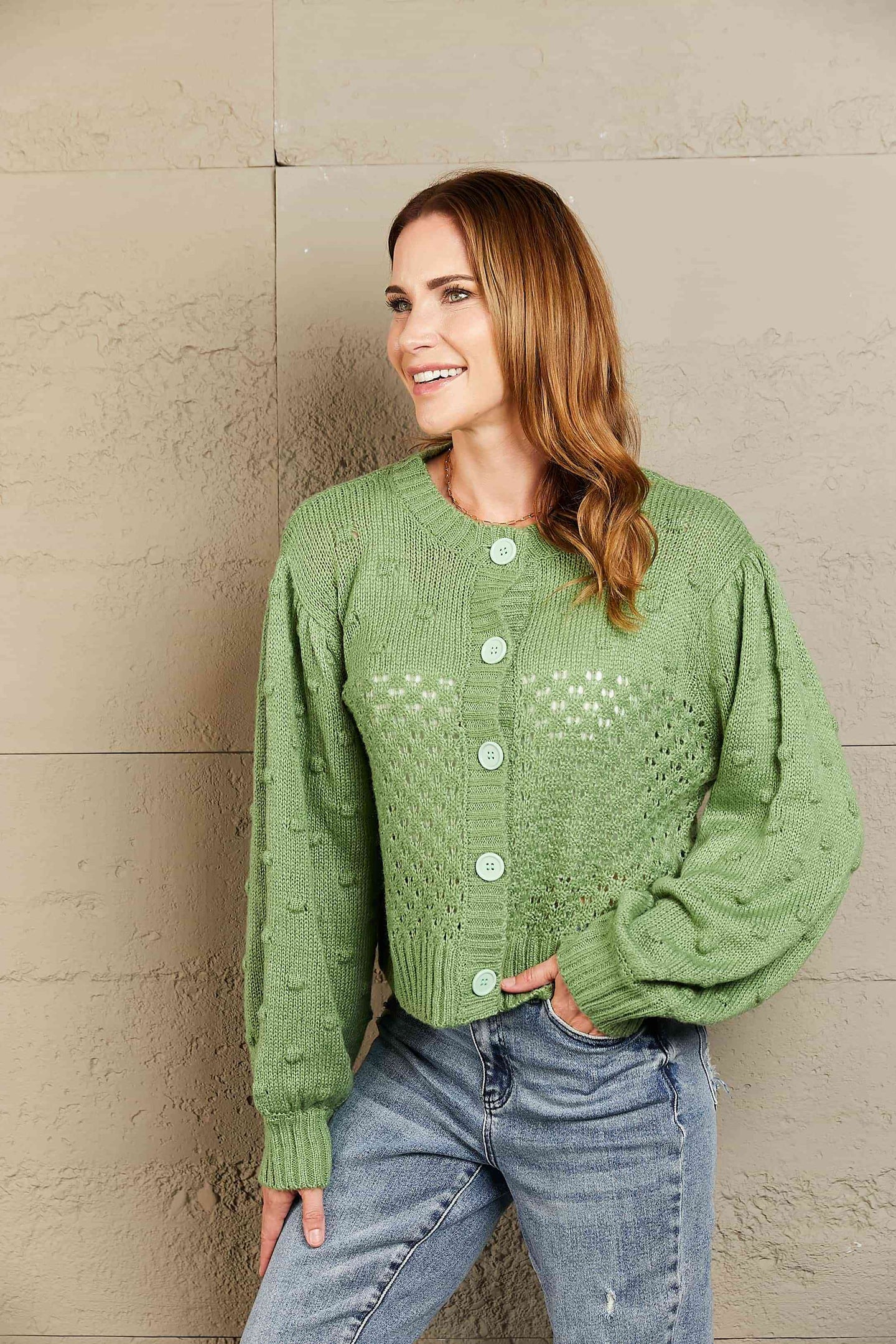 Woven Right Openwork Pompom Puff Sleeve Cardigan Trendsi