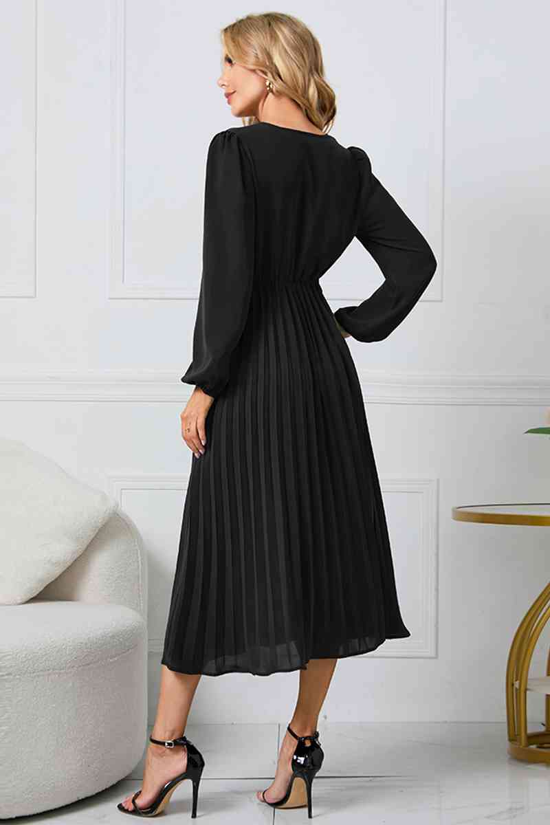 V-Neck Long Sleeve Tie Waist Midi Dress Bazaarbey