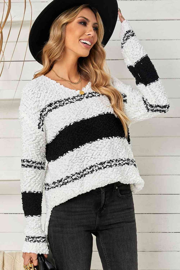 BazaarBey Striped V-Neck Popcorn Knit Sweater 