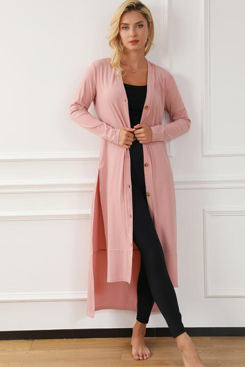 Button Up High-Low Long Sleeve Slit Cardigan Bazaarbey