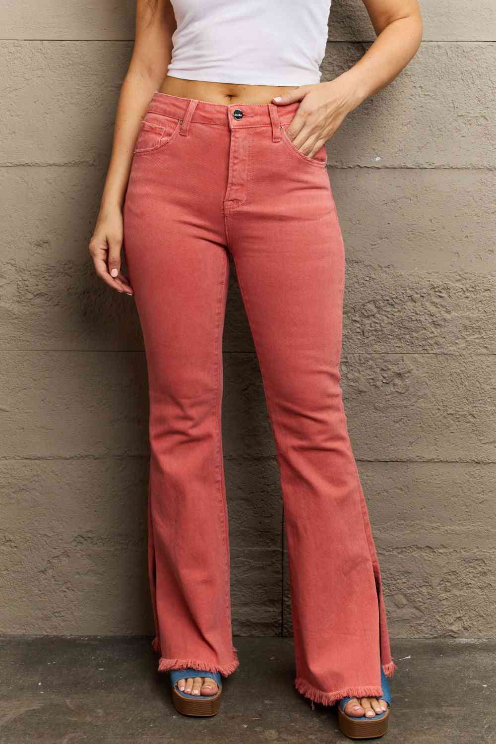  Bailey  High Waist Side Slit Flare Jeans Trendsi