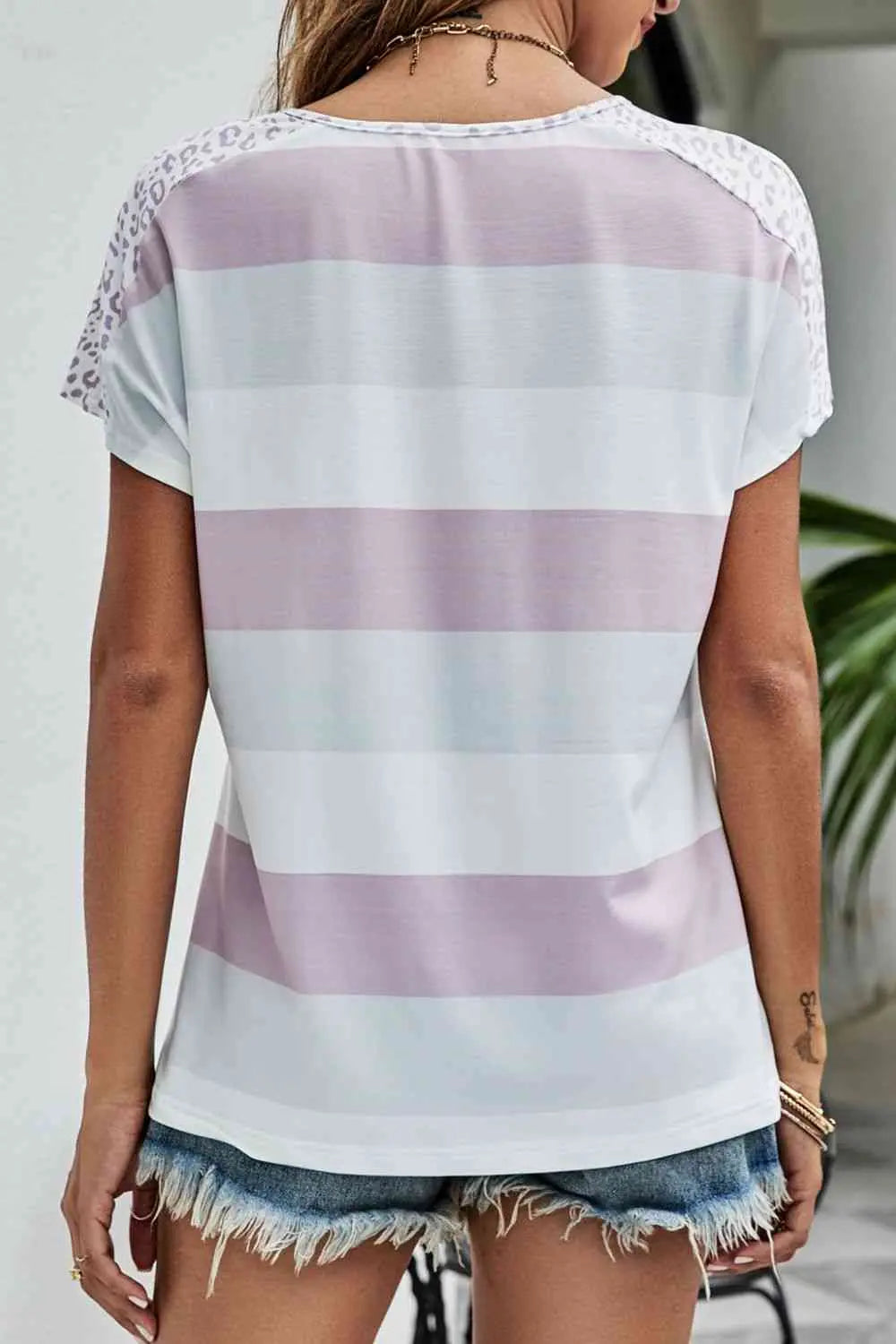 Leopard Striped V-Neck Tee Shirt Bazaarbey