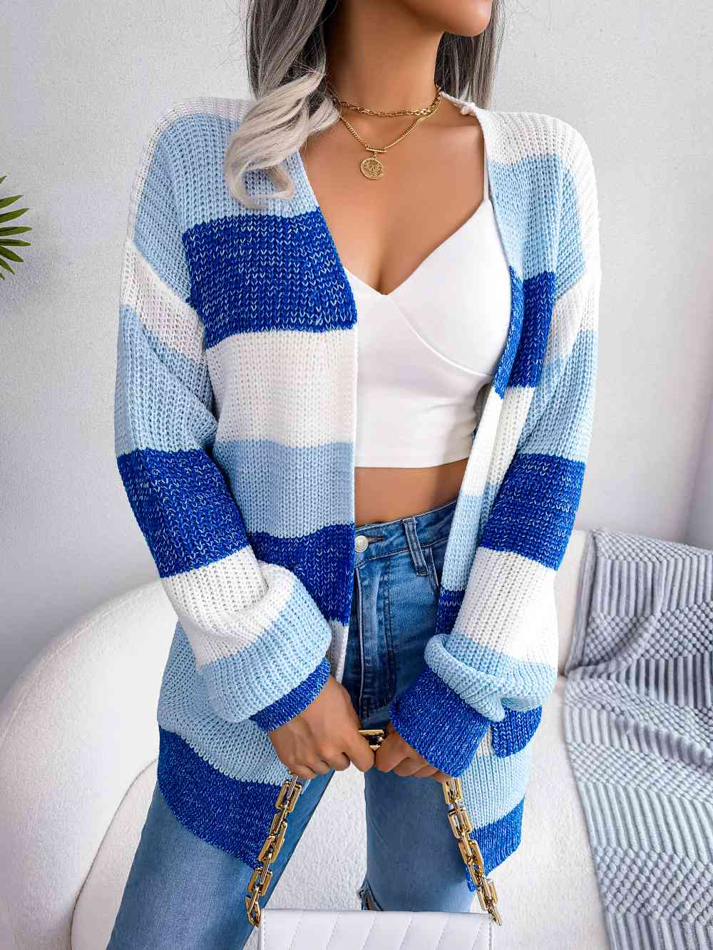 Striped Rib-Knit   Cardigan Trendsi