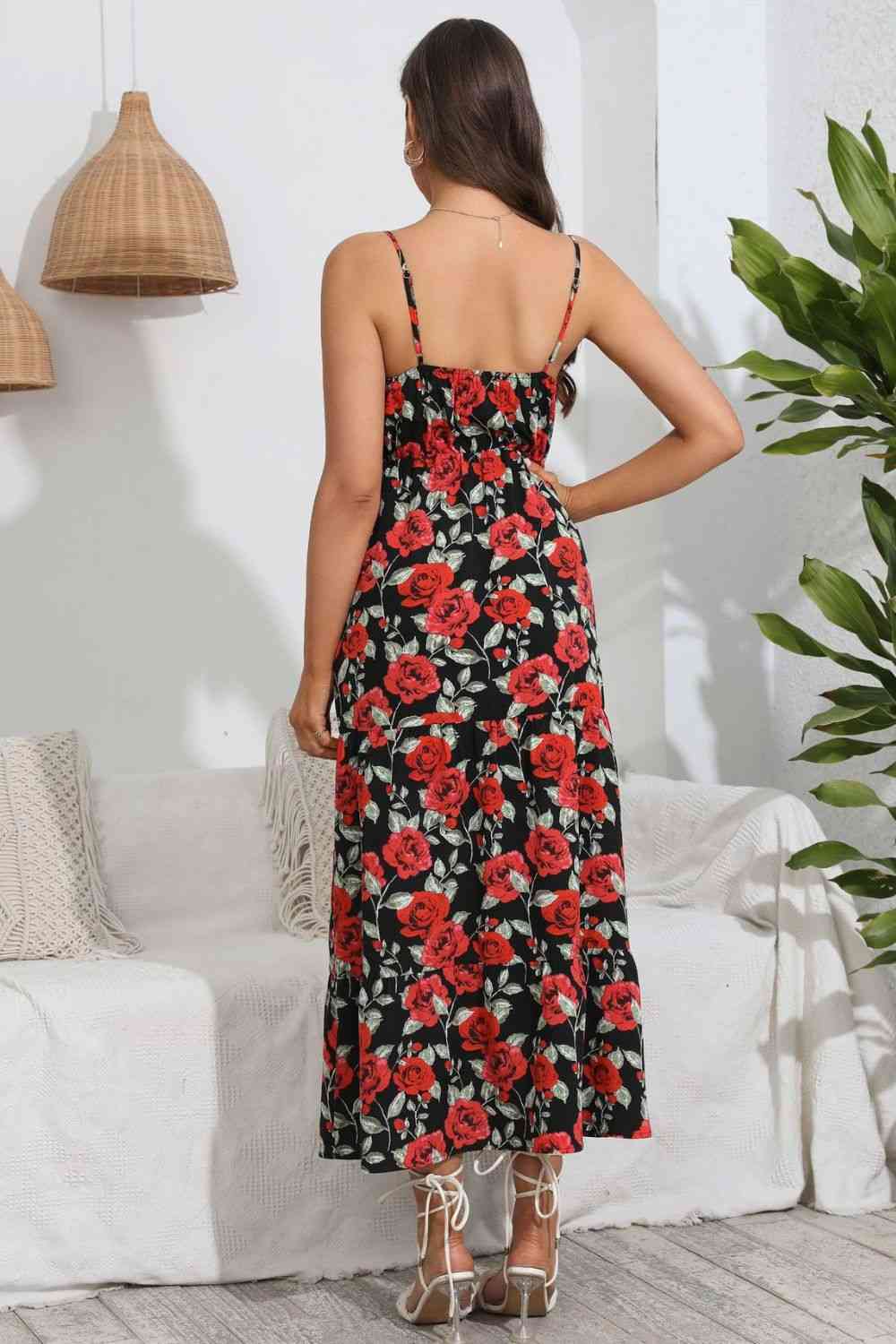 Rose Print Spaghetti Strap Sweetheart Neck Dress -BazaarBey - www.shopbazaarbey.com