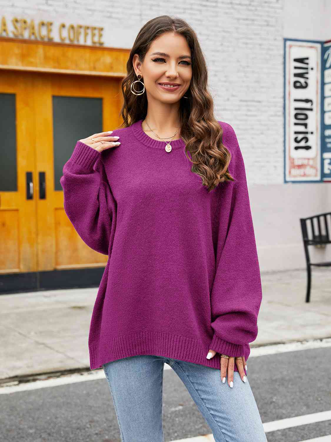 Round Neck Ribbed Trim Sweater Bazaarbey