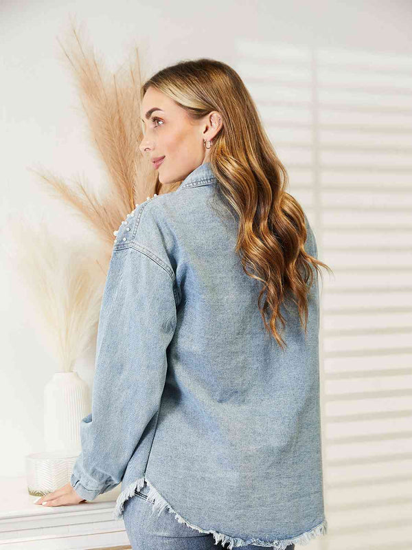 Collared Neck Raw Hem Dropped Shoulder Denim Jacket Bazaarbey