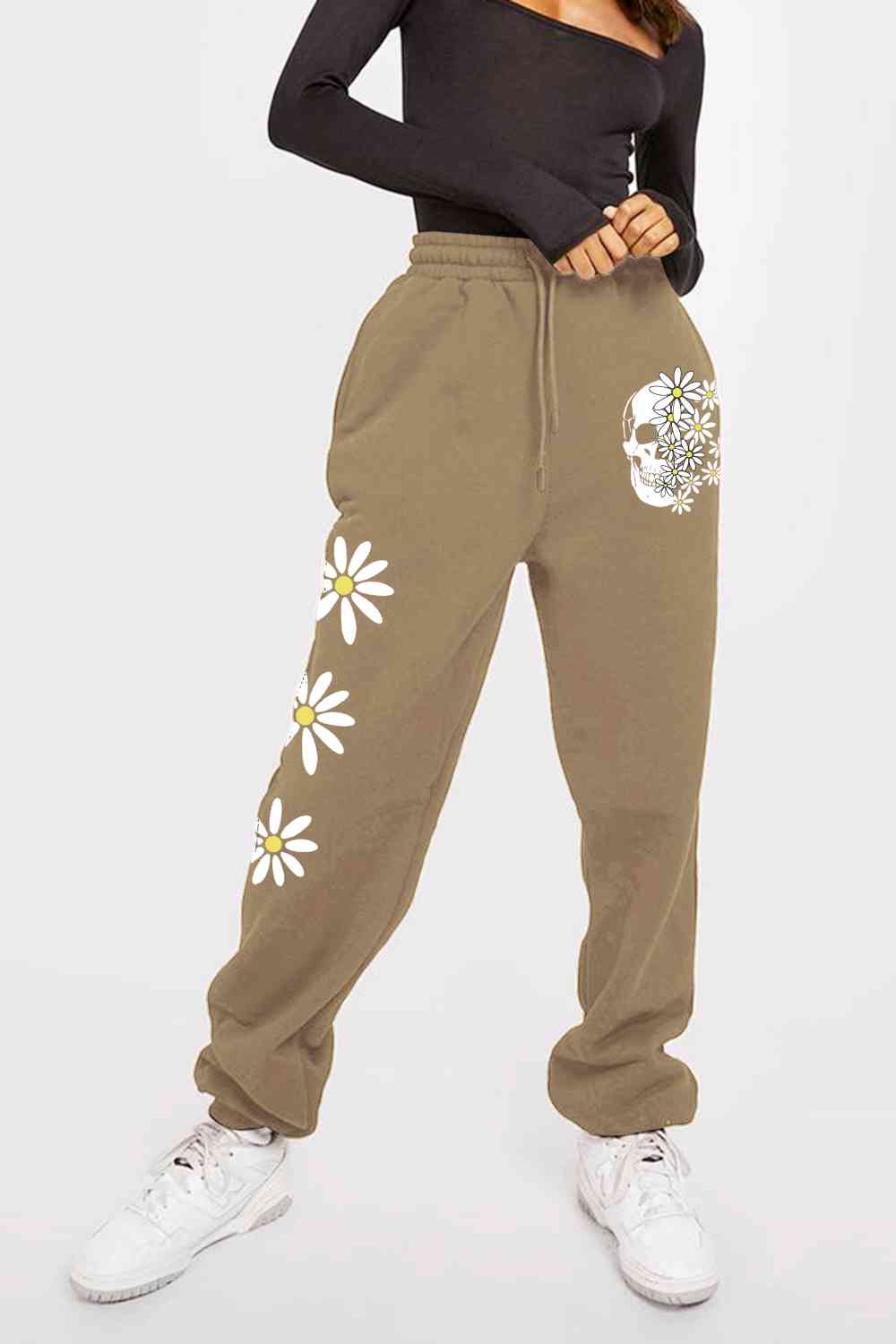    Drawstring Flower & Skull Graphic Long Sweatpants Bazaarbey