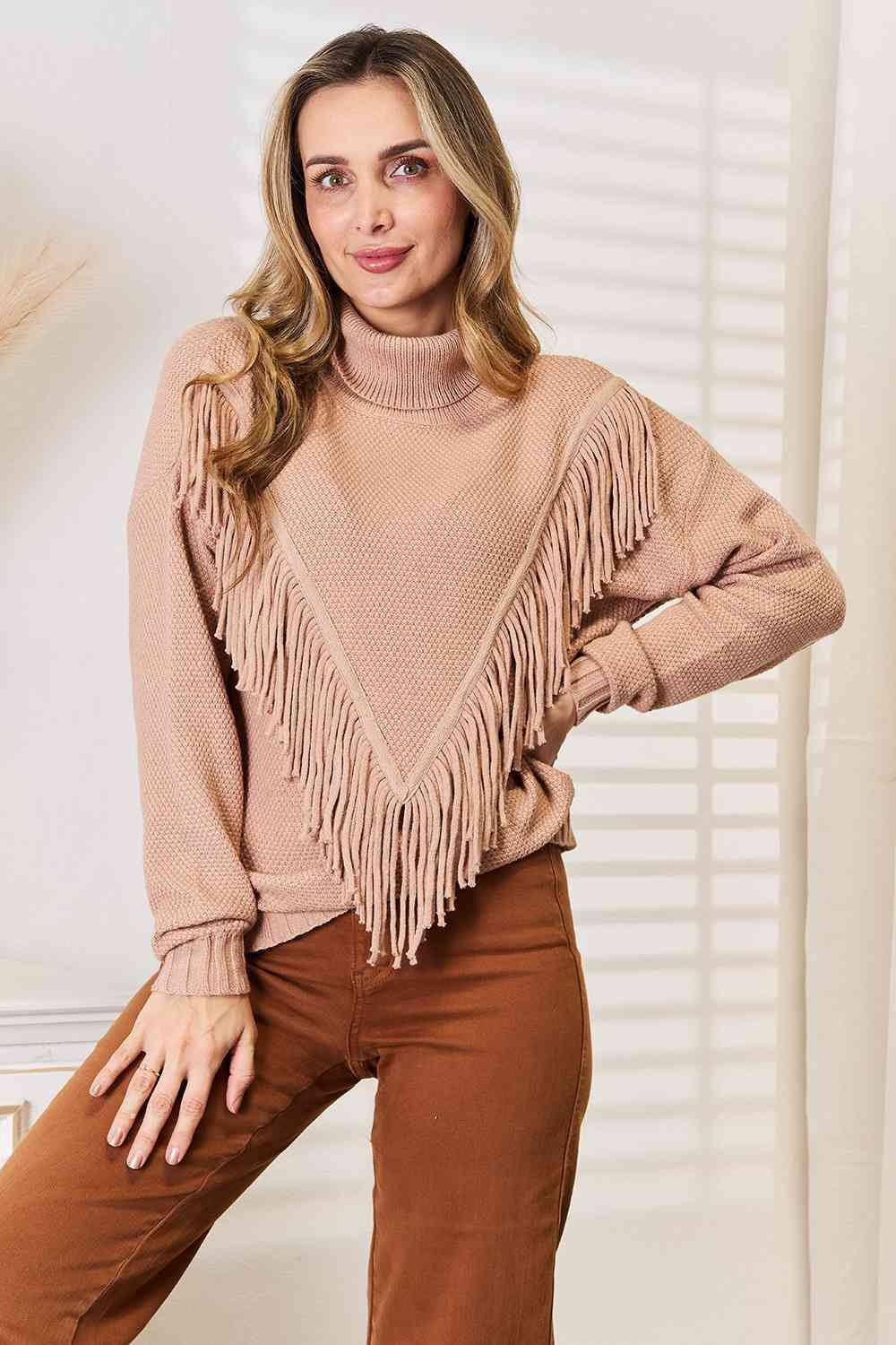 Woven Right Turtleneck Fringe Front Long Sleeve Sweater Bazaarbey