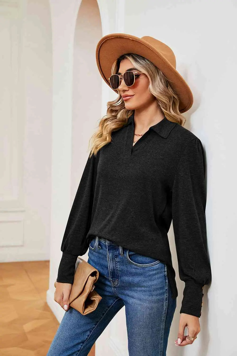 Johnny Collar Long Sleeve Top Bazaarbey