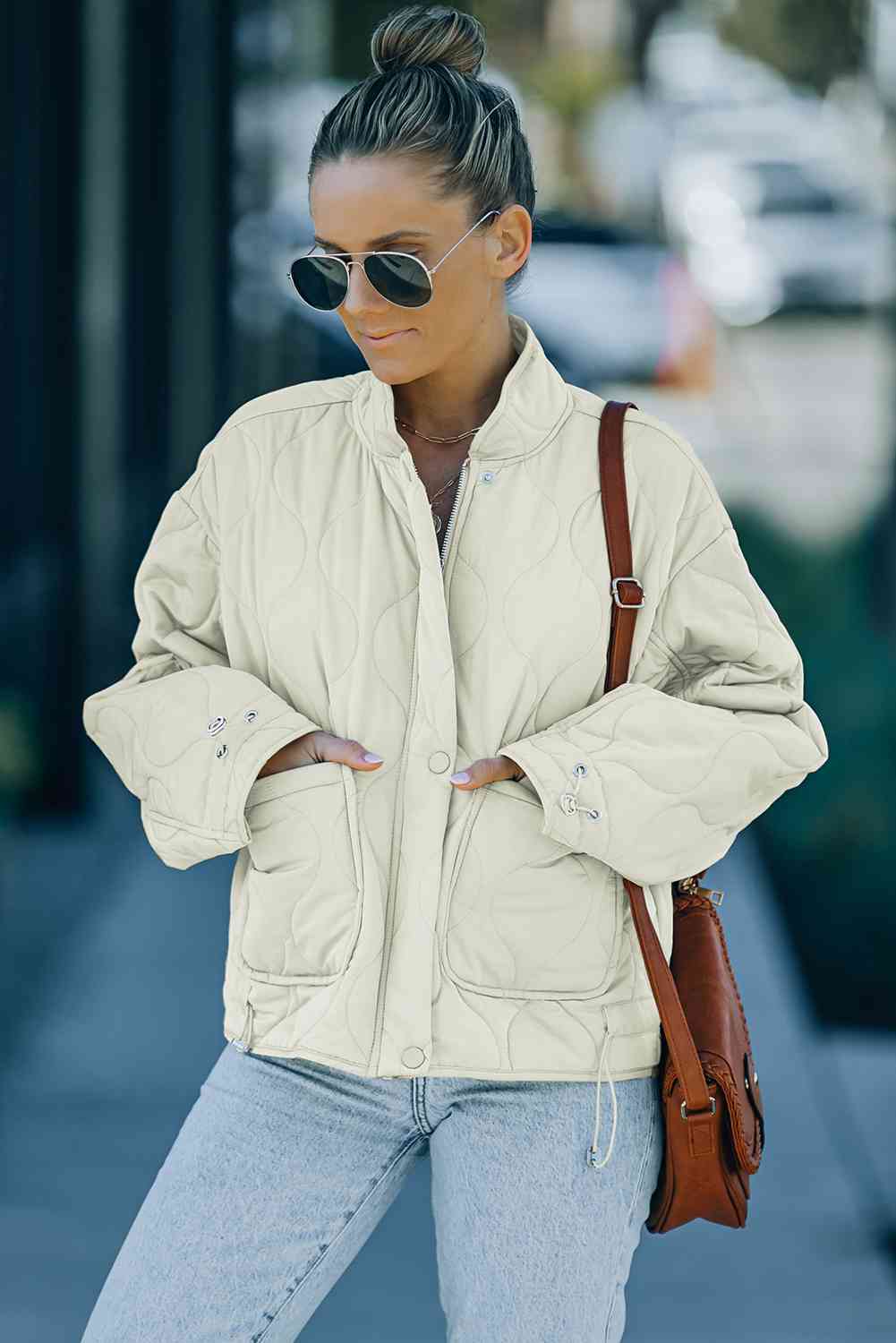 Drawstring Dropped Shoulder Quilted Jacket Trendsi